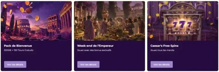 Offres de Julius Casino : pack de bienvenue, week-end de l'Empereur, Caesar's Free Spins