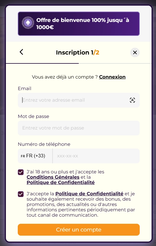 Formulaire d'inscription pour créer un compte sur Julius Casino