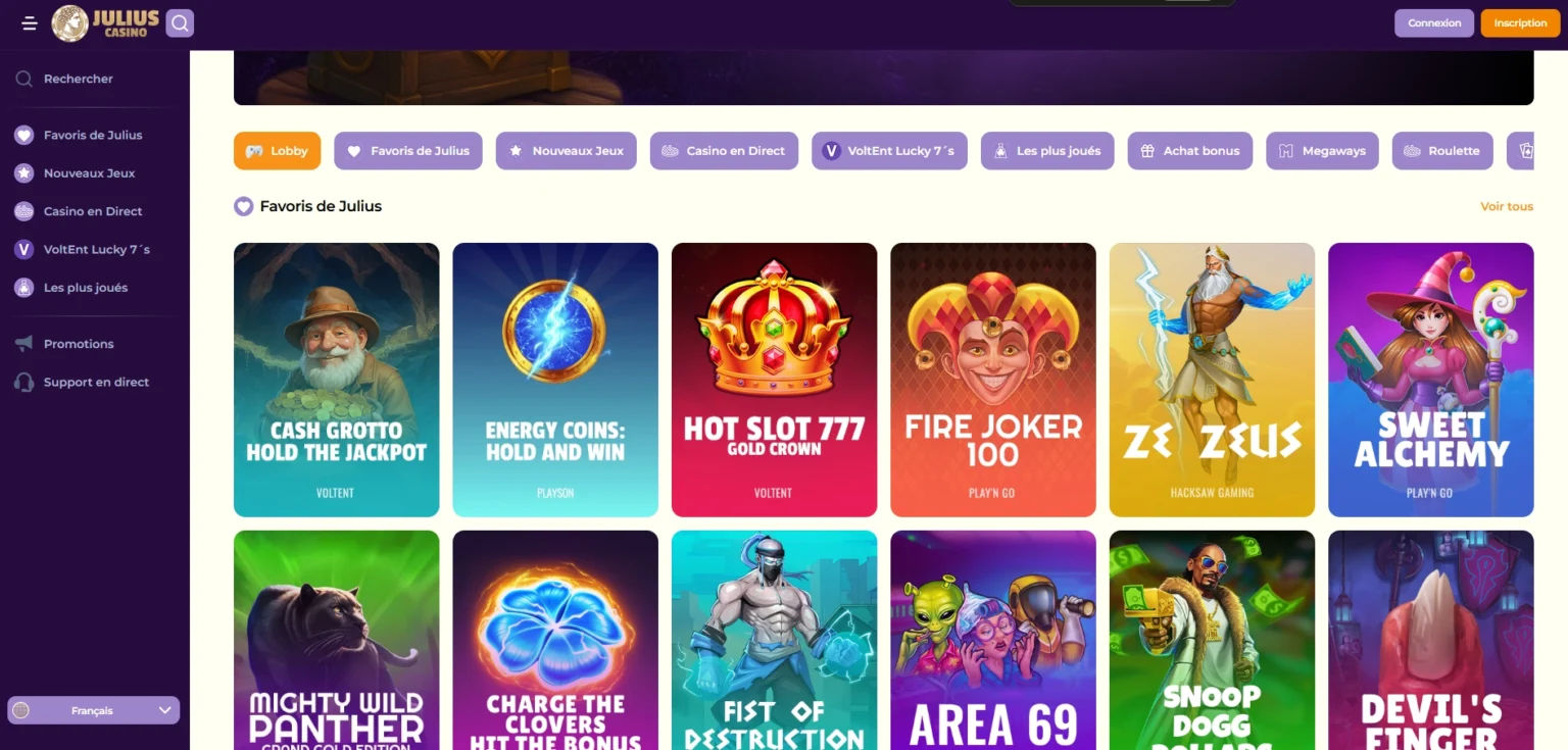 Sélection complète de machines à sous et jeux en ligne sur Julius Casino